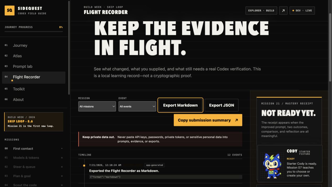 Flight Recorder timeline showing evidence events