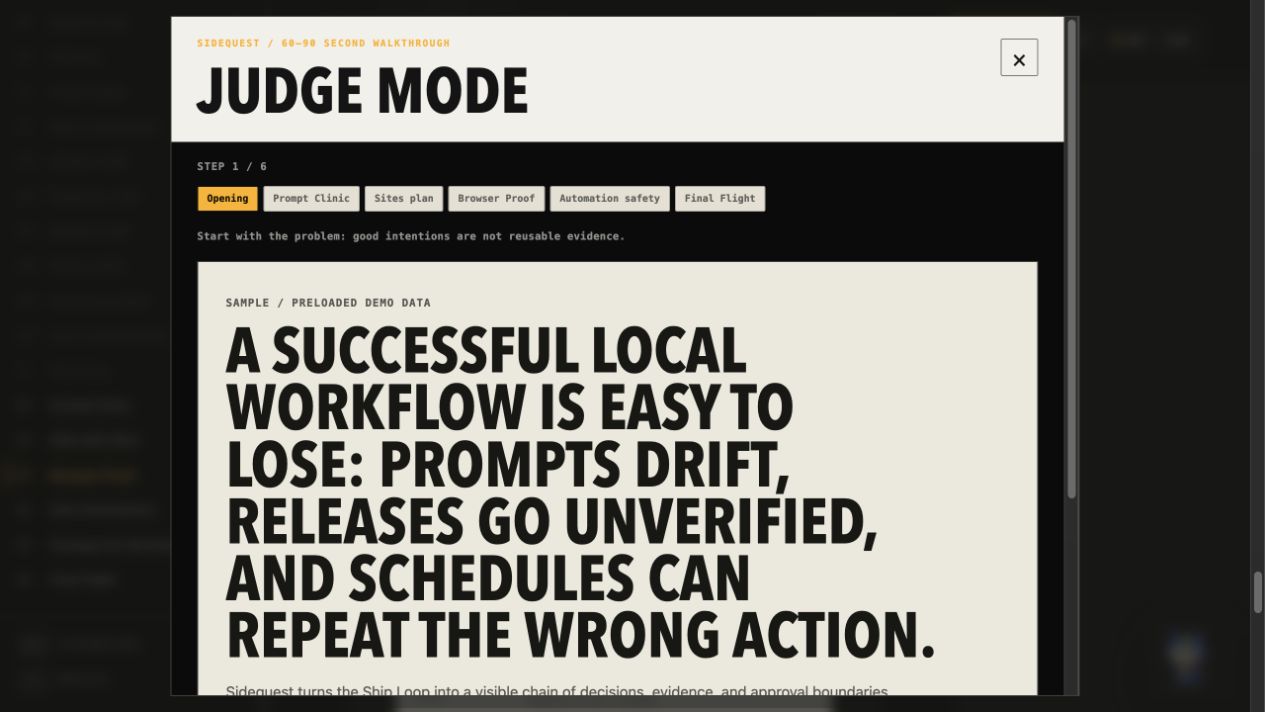 Sidequest Judge Mode opening screen with the Ship Loop stages visible